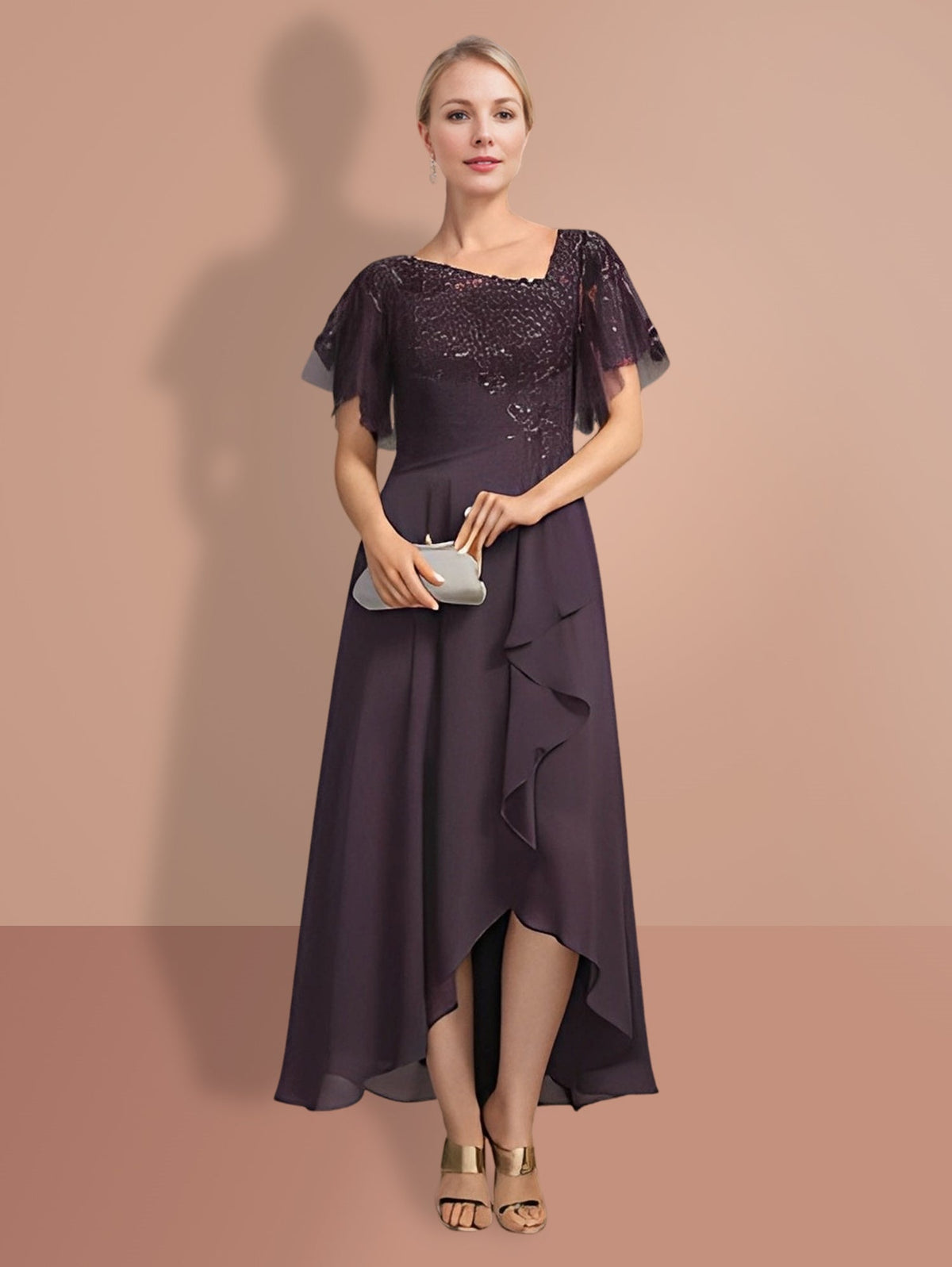 Short Sleeve A Line Mother of the Bride Dress with Asymmetrical Design