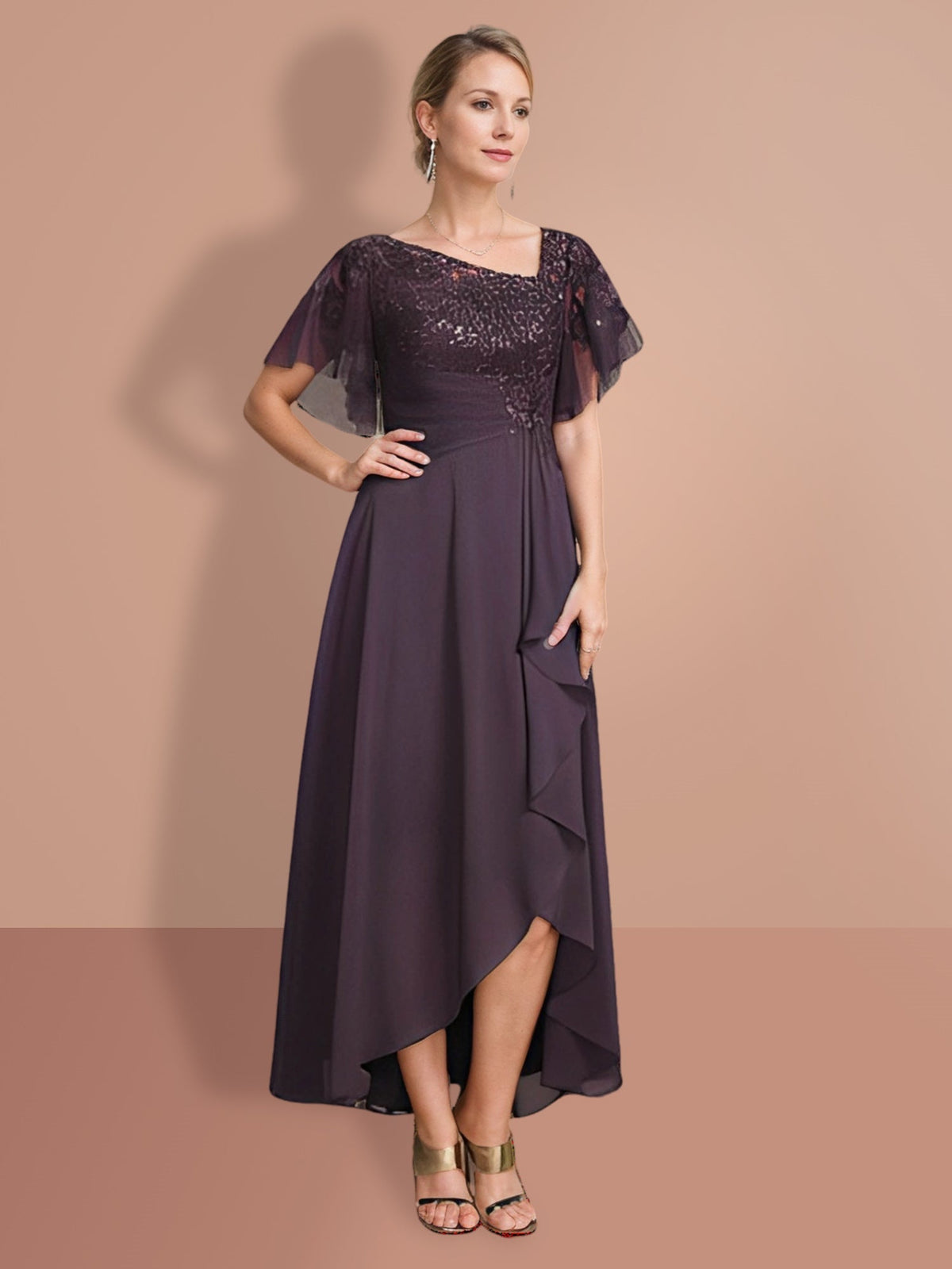 Short Sleeve A Line Mother of the Bride Dress with Asymmetrical Design
