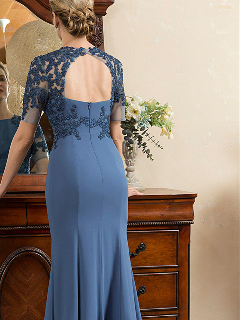Short Sleeve Ankle Length Trumpet Mermaid Mother of the Bride Dress with Slit