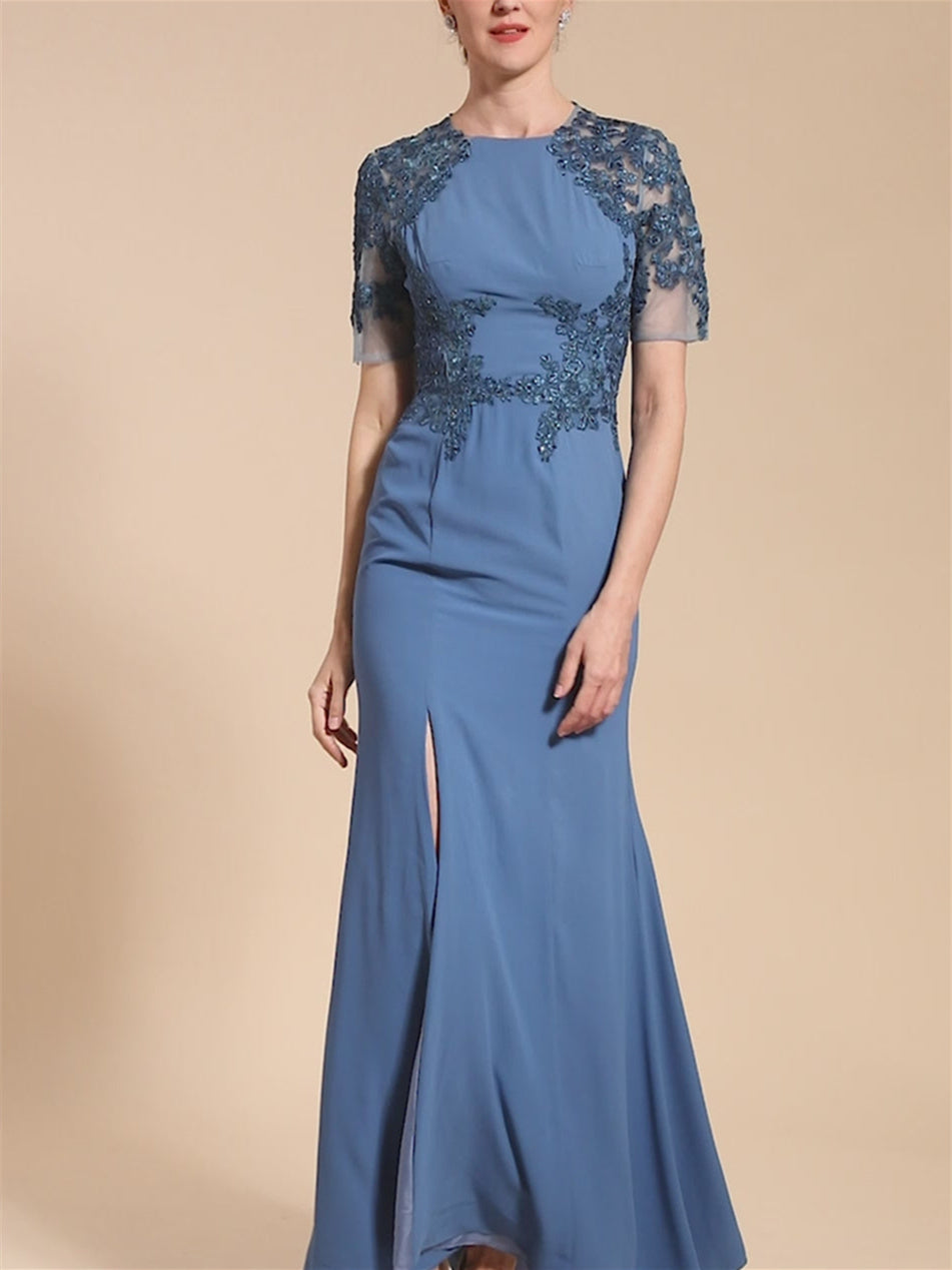 Short Sleeve Ankle Length Trumpet Mermaid Mother of the Bride Dress with Slit