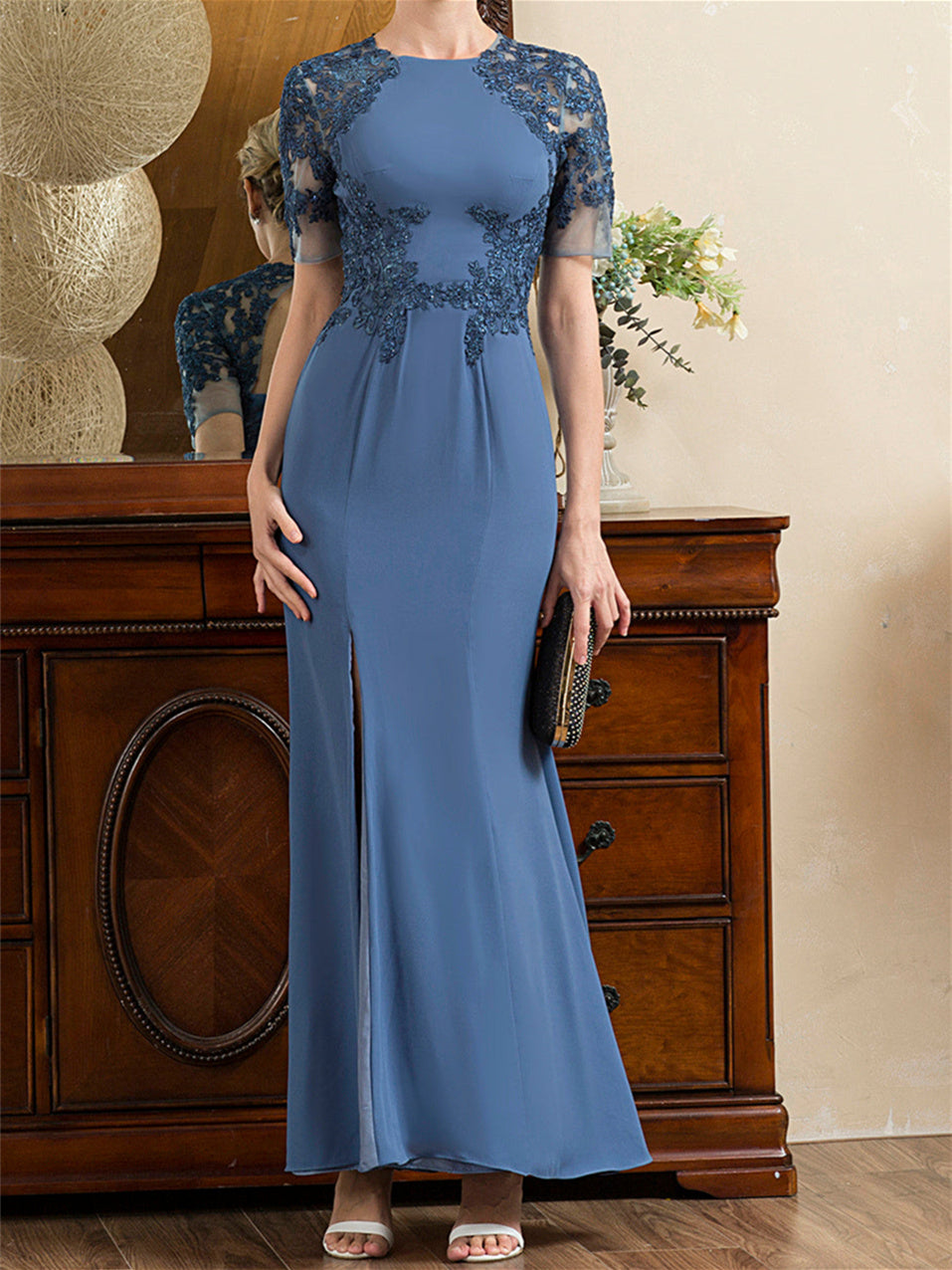 Short Sleeve Ankle Length Trumpet Mermaid Mother of the Bride Dress with Slit