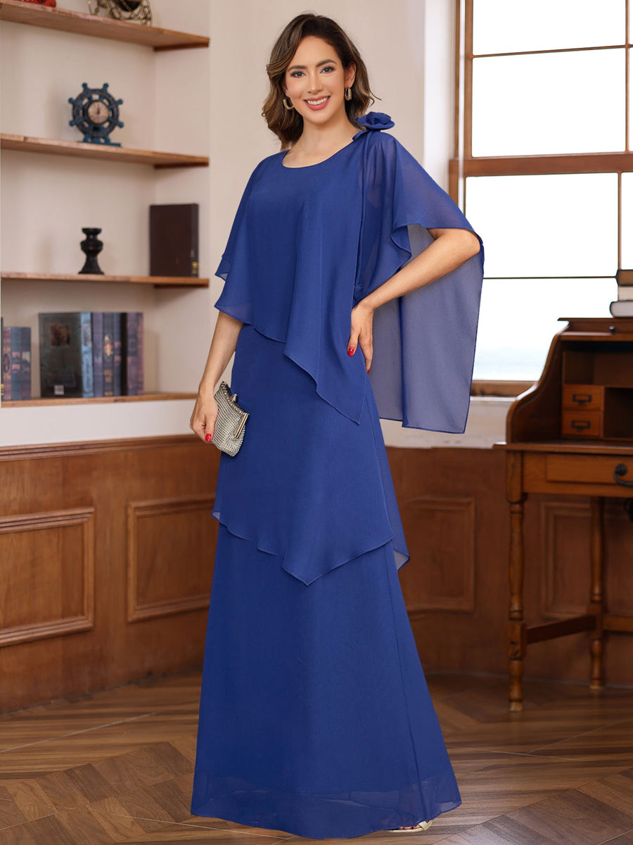 Short Sleeve Long A Line Mother of the Bride Dress with Ruffles and Flowers