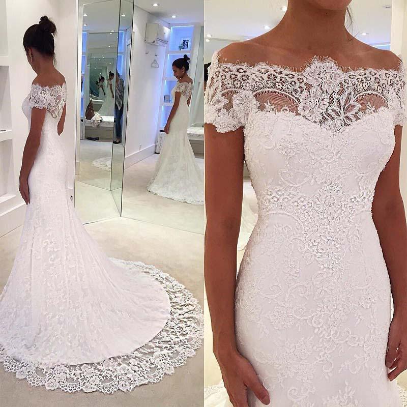Short Sleeve Full Lace Wedding Dresses  | Off The Shoulder Sheath Bridal Gowns with Court Train