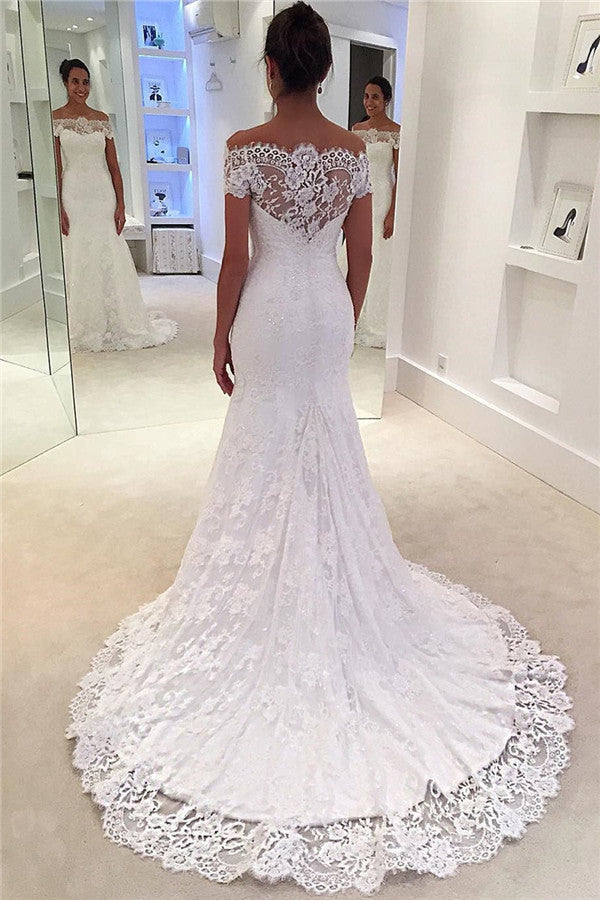 Short Sleeve Full Lace Wedding Dresses  | Off The Shoulder Sheath Bridal Gowns with Court Train