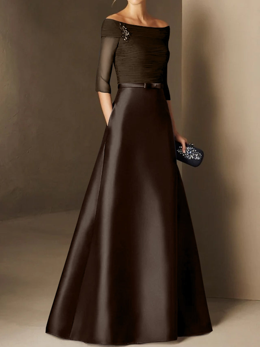 Short Sleeve Off the Shoulder A Line Mother of the Bride Dress with Belt Applique