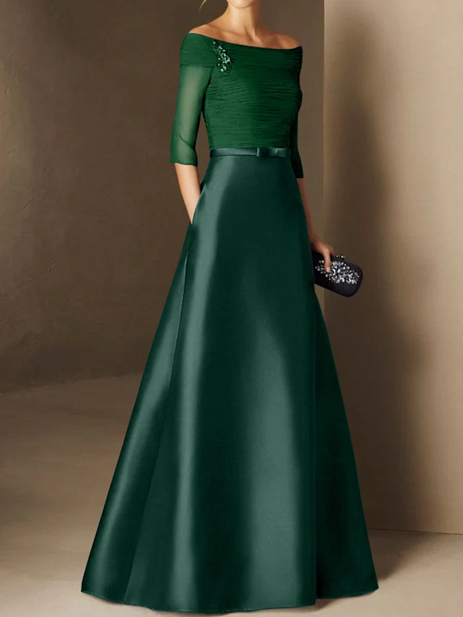 Short Sleeve Off the Shoulder A Line Mother of the Bride Dress with Belt Applique
