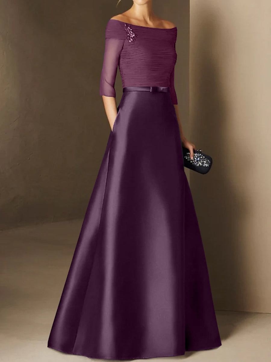 Short Sleeve Off the Shoulder A Line Mother of the Bride Dress with Belt Applique