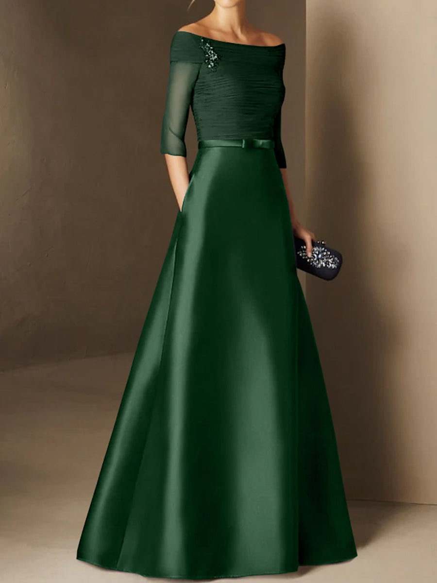 Short Sleeve Off the Shoulder A Line Mother of the Bride Dress with Belt Applique