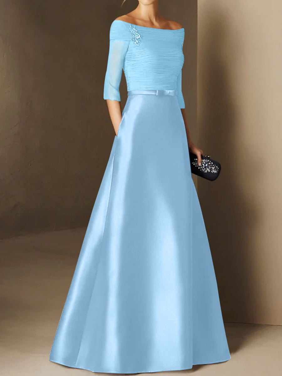 Short Sleeve Off the Shoulder A Line Mother of the Bride Dress with Belt Applique