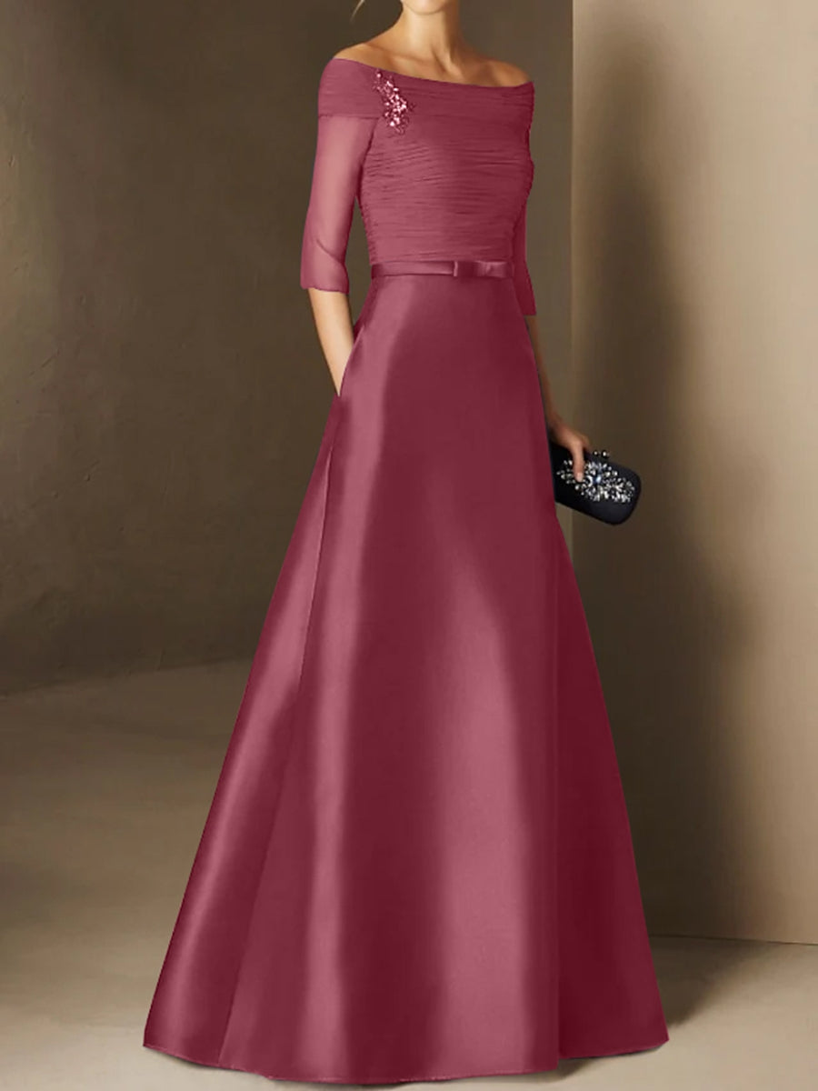 Short Sleeve Off the Shoulder A Line Mother of the Bride Dress with Belt Applique