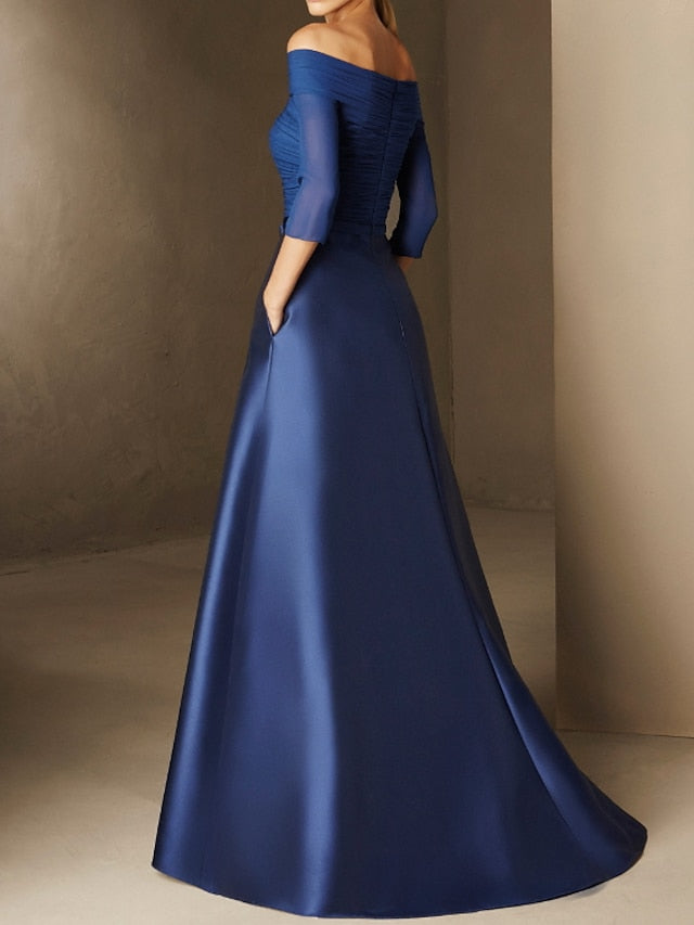 Short Sleeve Off the Shoulder A Line Mother of the Bride Dress with Belt Applique