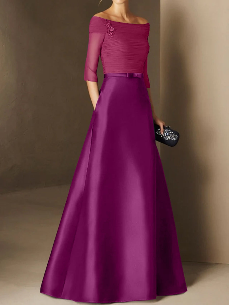 Short Sleeve Off the Shoulder A Line Mother of the Bride Dress with Belt Applique