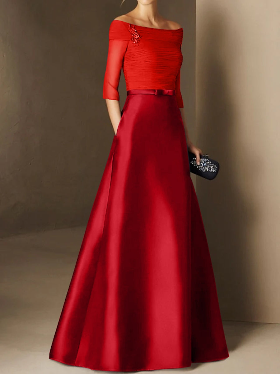 Short Sleeve Off the Shoulder A Line Mother of the Bride Dress with Belt Applique