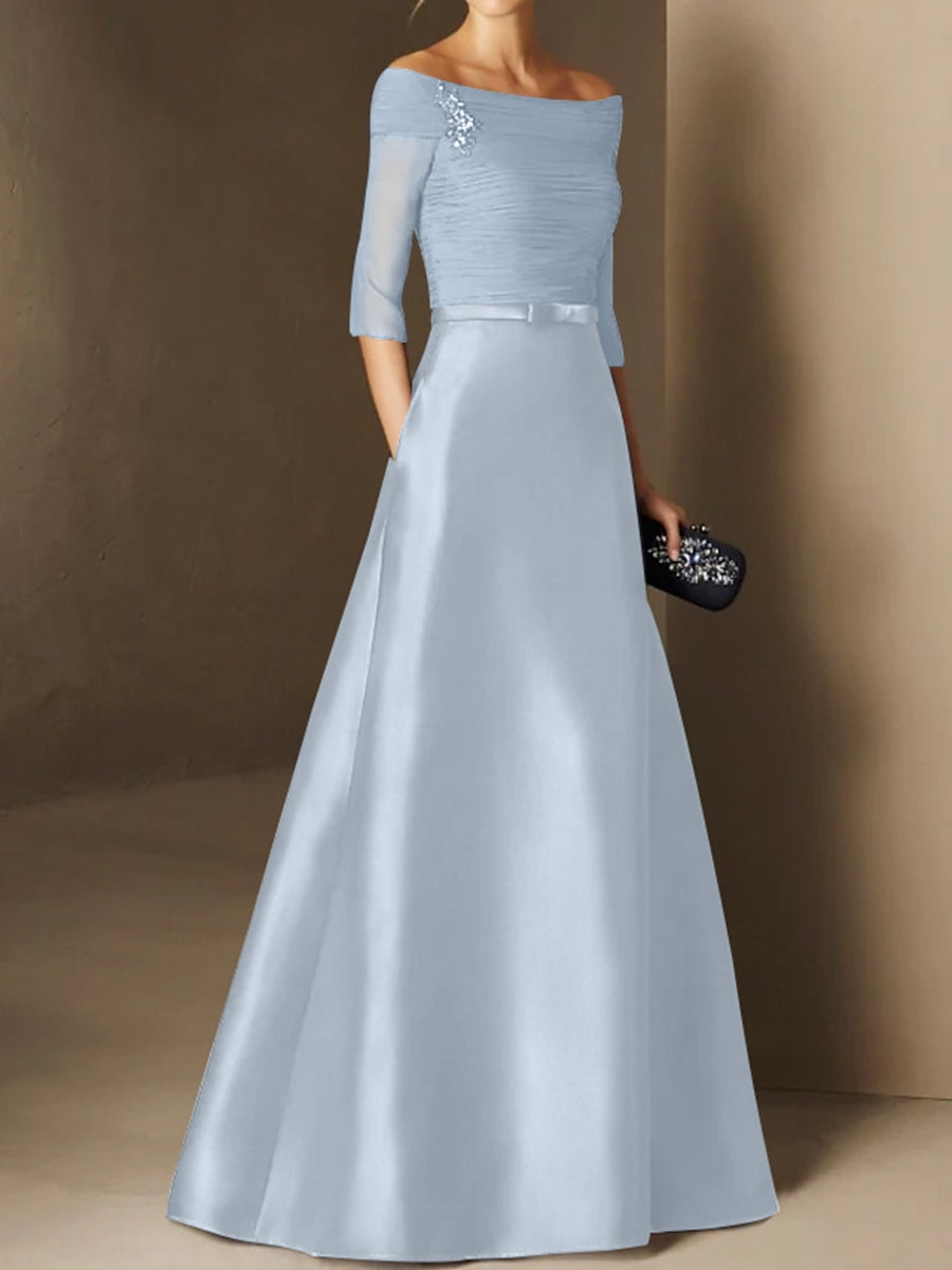 Short Sleeve Off the Shoulder A Line Mother of the Bride Dress with Belt Applique