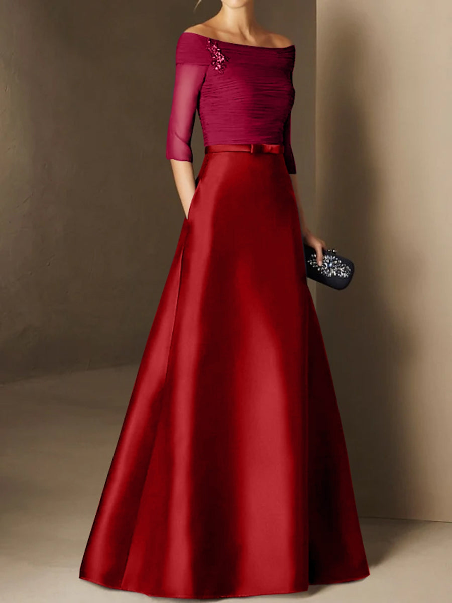 Short Sleeve Off the Shoulder A Line Mother of the Bride Dress with Belt Applique