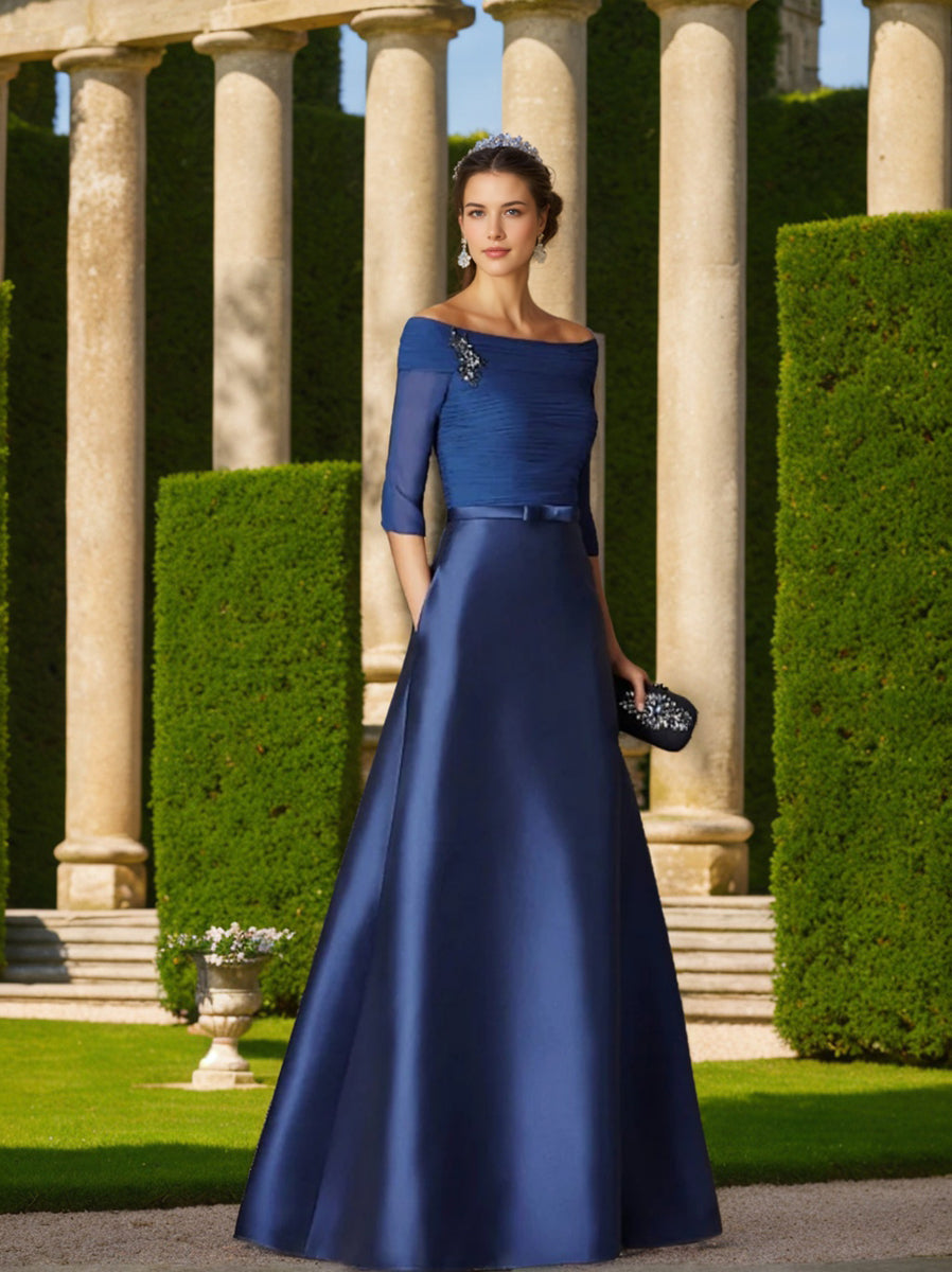 Short Sleeve Off the Shoulder A Line Mother of the Bride Dress with Belt Applique