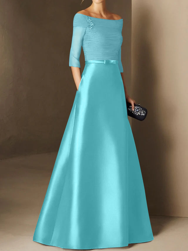 Short Sleeve Off the Shoulder A Line Mother of the Bride Dress with Belt Applique