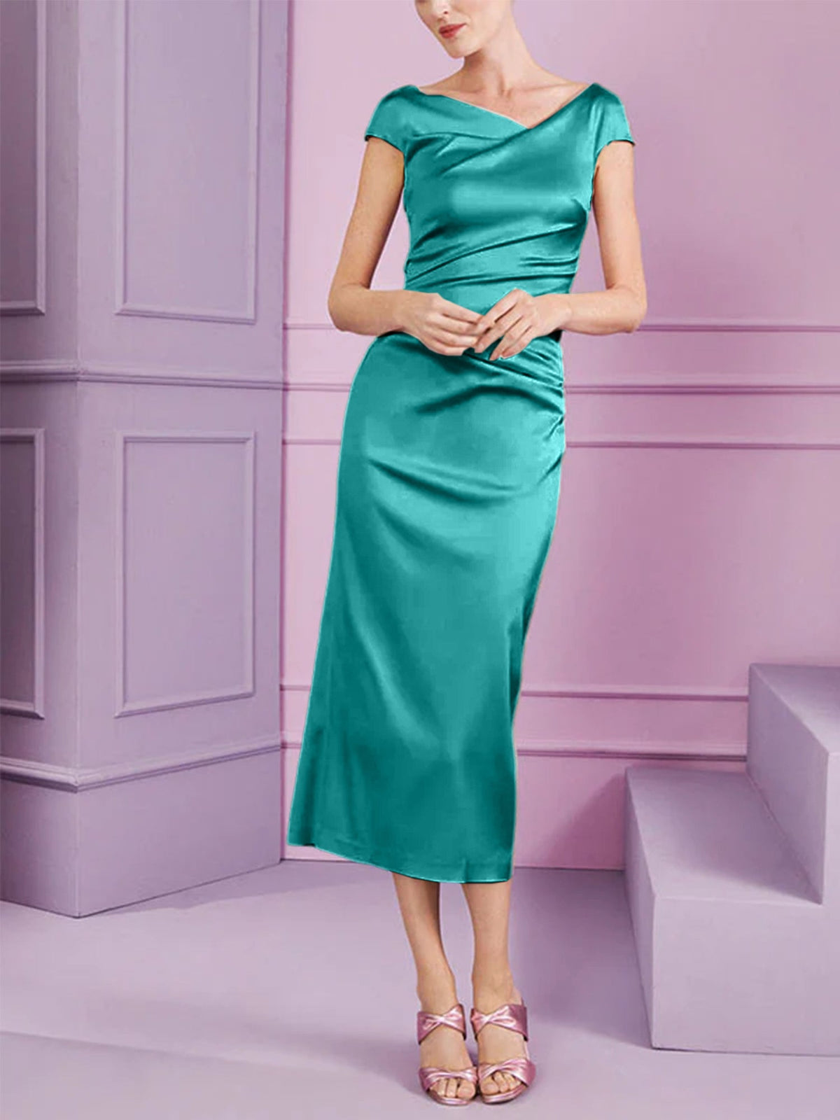 Short Sleeve Tea Length Cowl Neck Sheath Dress with Ruffles for the Mother of the Bride
