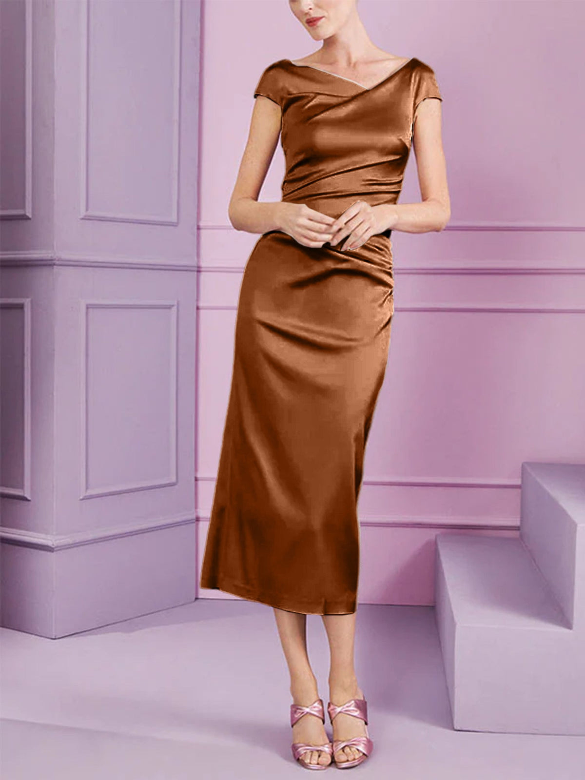 Short Sleeve Tea Length Cowl Neck Sheath Dress with Ruffles for the Mother of the Bride