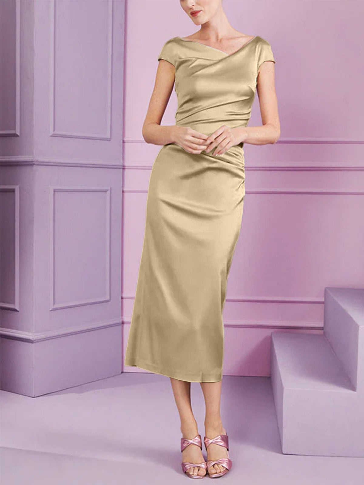 Short Sleeve Tea Length Cowl Neck Sheath Dress with Ruffles for the Mother of the Bride
