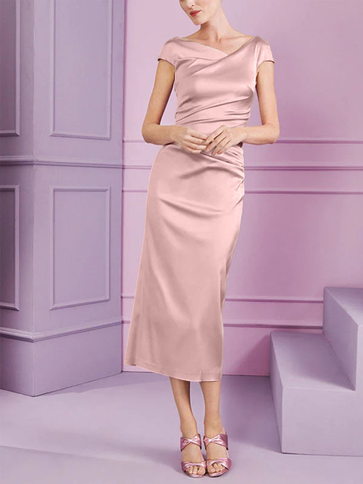Short Sleeve Tea Length Cowl Neck Sheath Dress with Ruffles for the Mother of the Bride