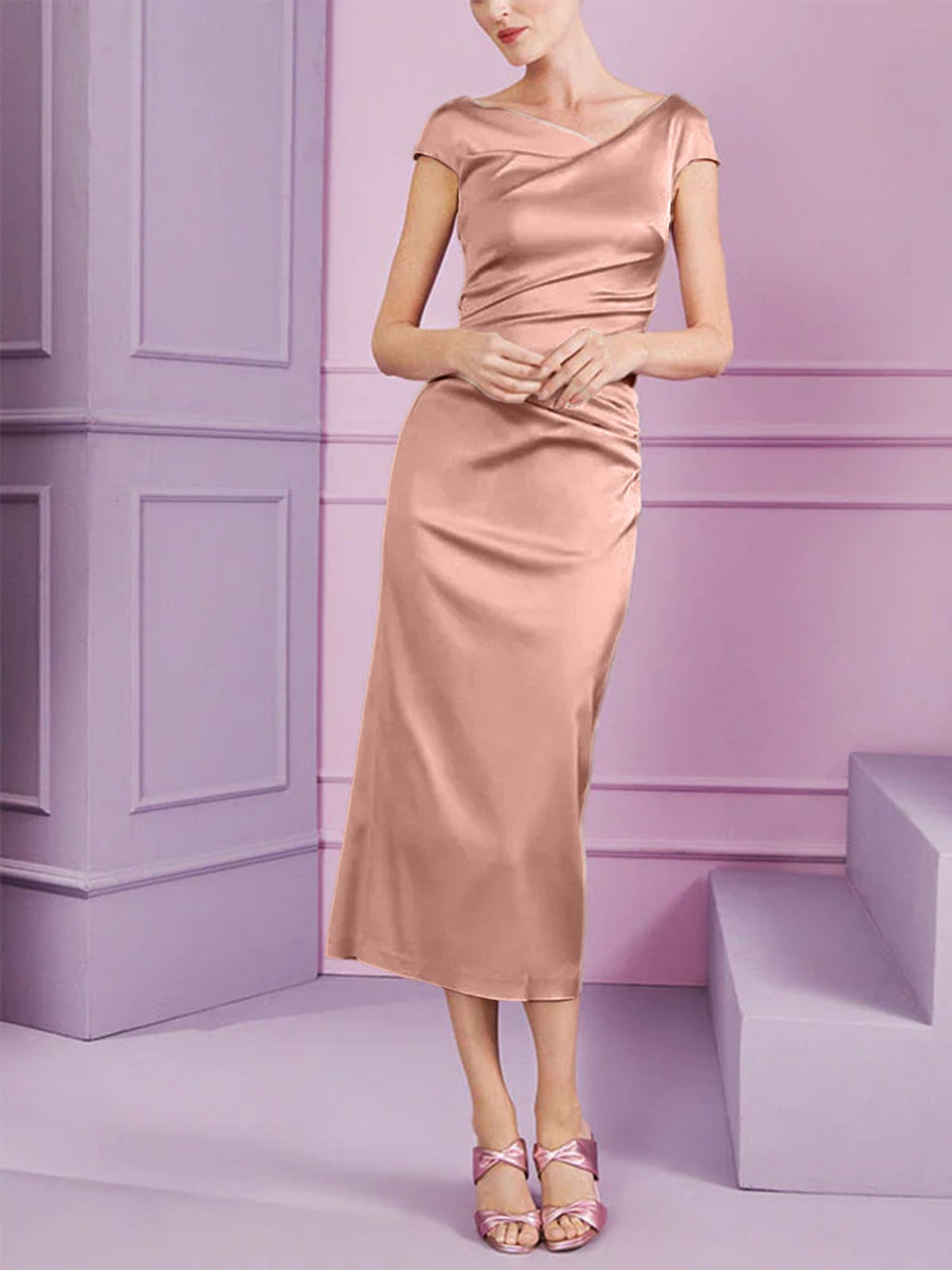 Short Sleeve Tea Length Cowl Neck Sheath Dress with Ruffles for the Mother of the Bride
