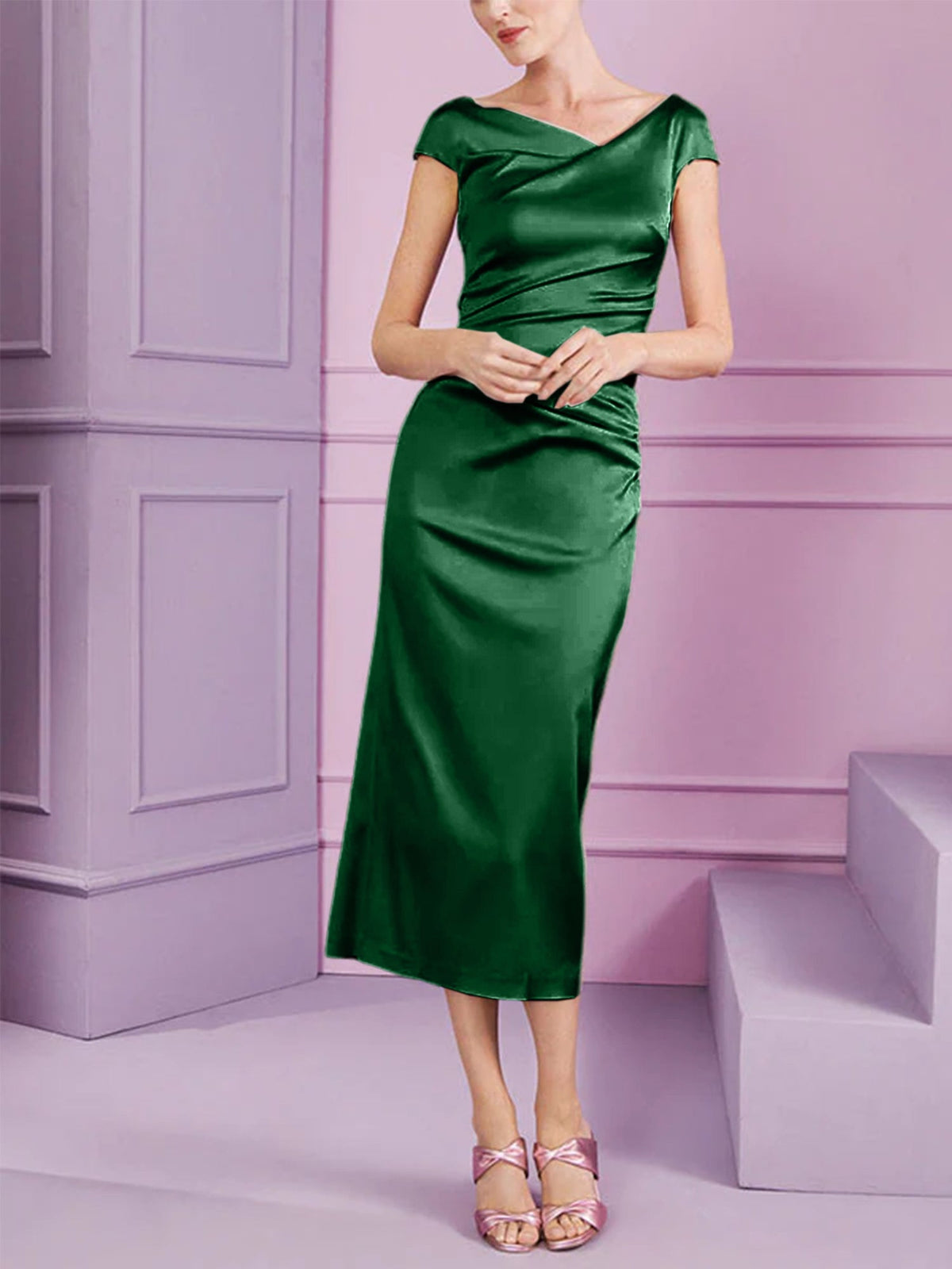 Short Sleeve Tea Length Cowl Neck Sheath Dress with Ruffles for the Mother of the Bride