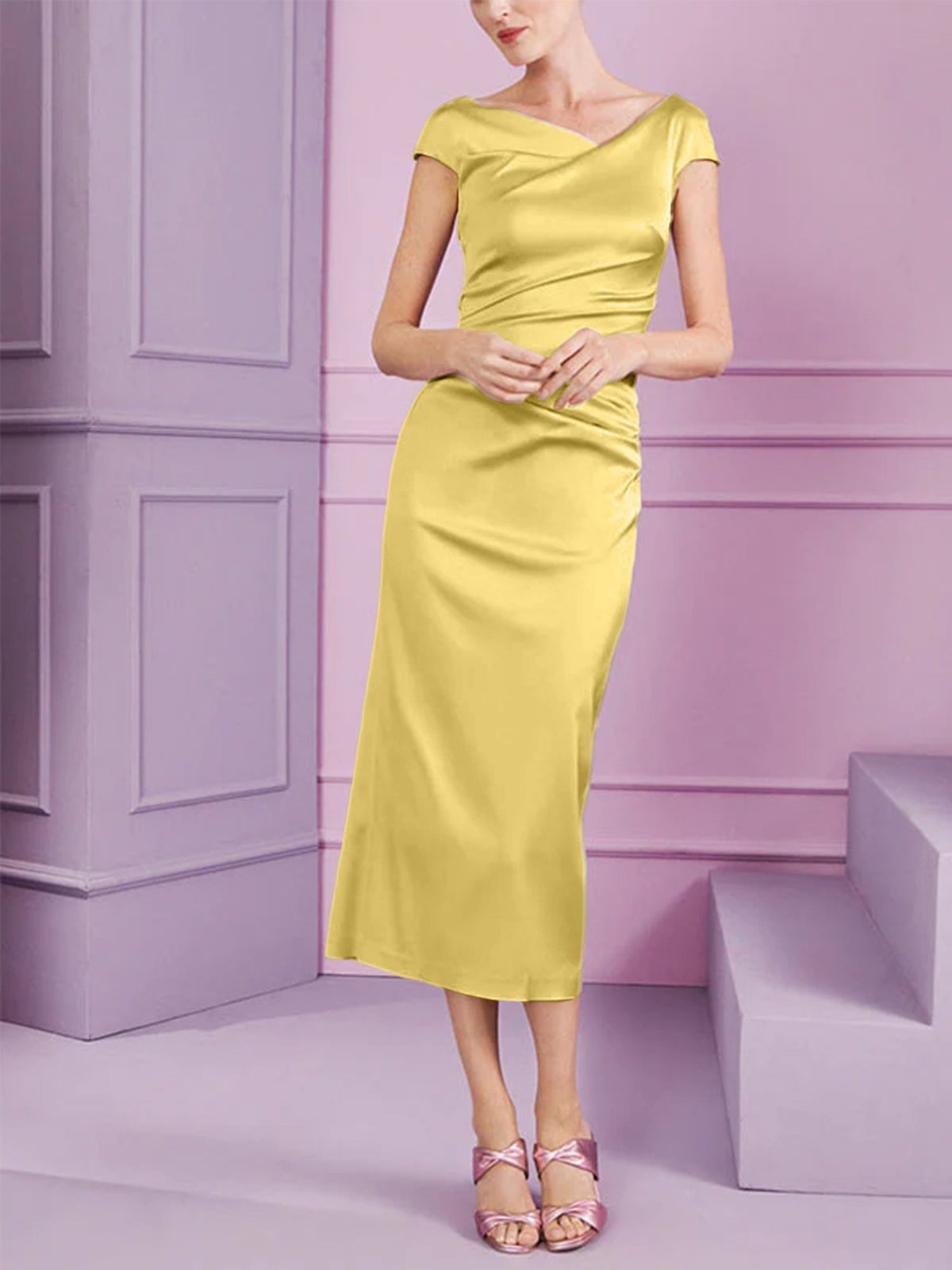 Short Sleeve Tea Length Cowl Neck Sheath Dress with Ruffles for the Mother of the Bride