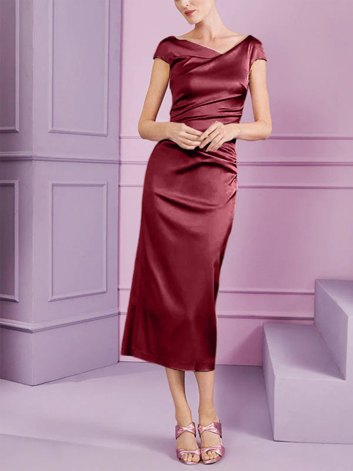 Short Sleeve Tea Length Cowl Neck Sheath Dress with Ruffles for the Mother of the Bride