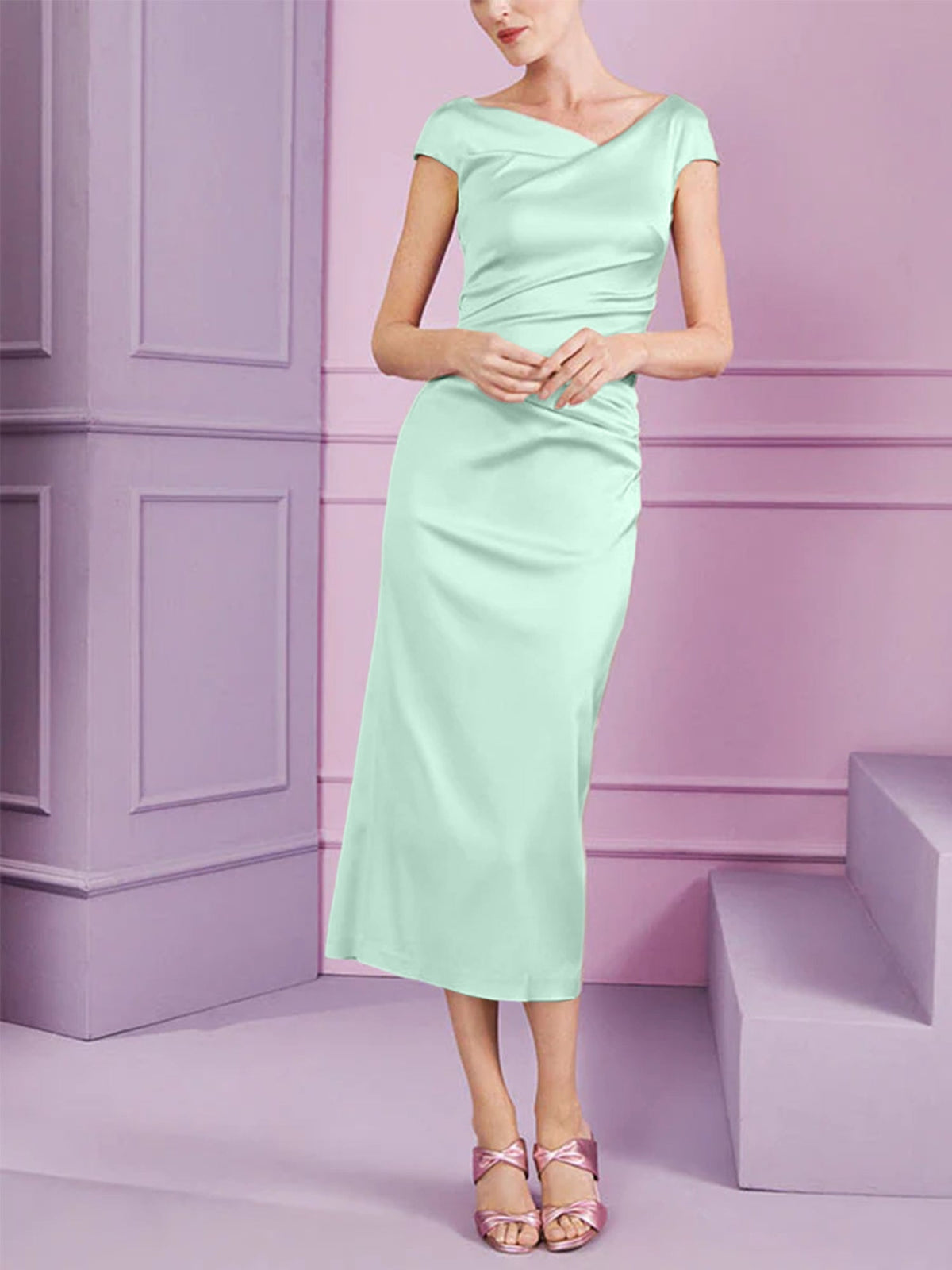 Short Sleeve Tea Length Cowl Neck Sheath Dress with Ruffles for the Mother of the Bride