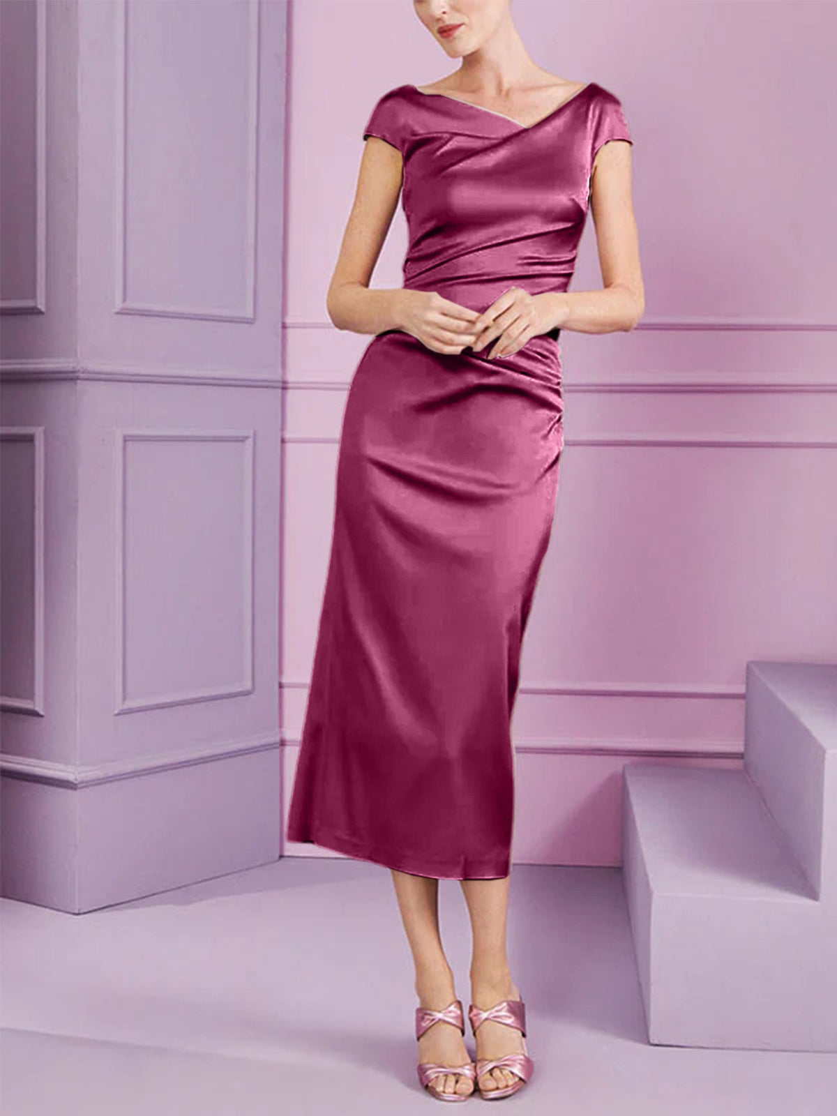 Short Sleeve Tea Length Cowl Neck Sheath Dress with Ruffles for the Mother of the Bride