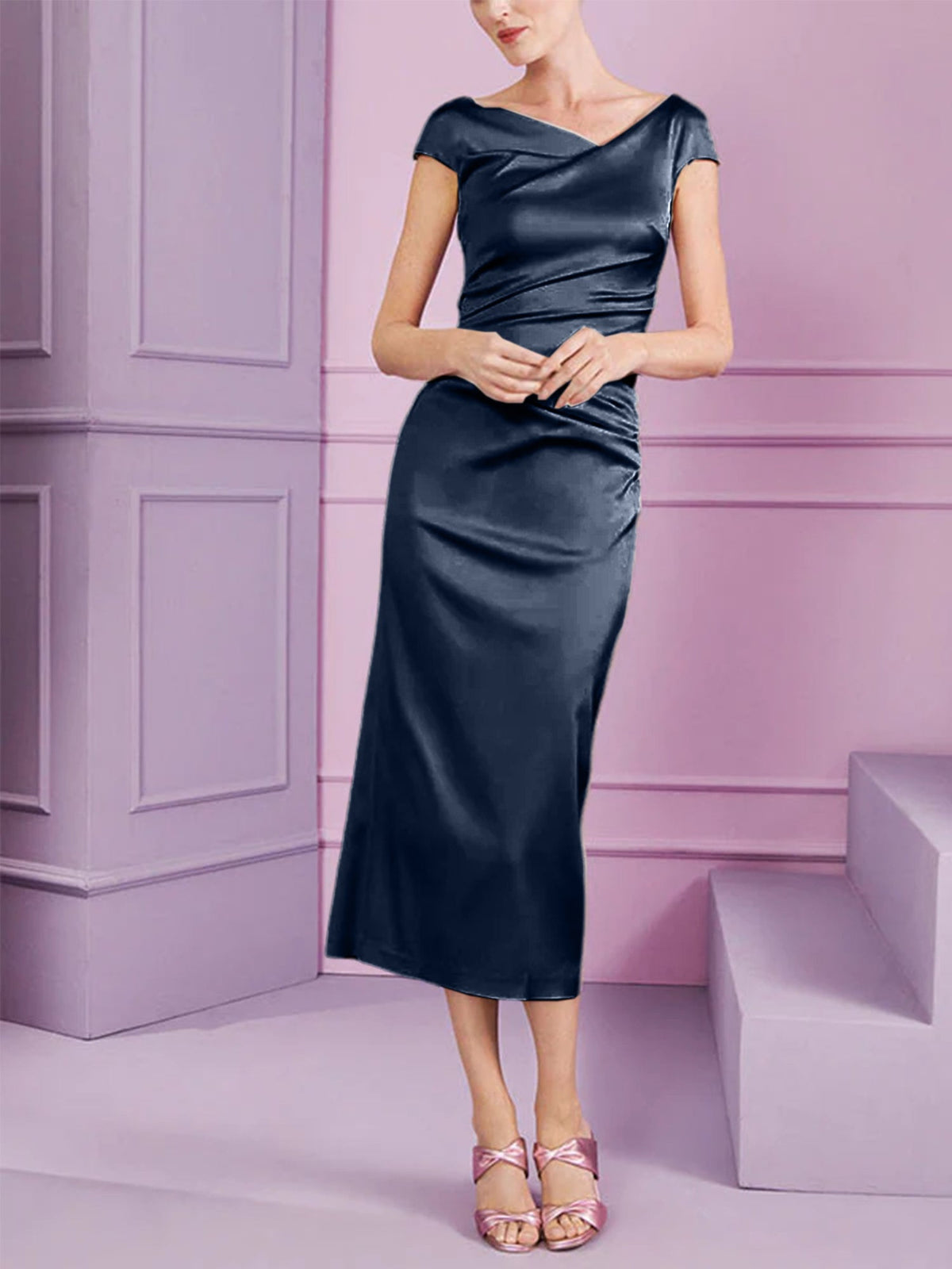 Short Sleeve Tea Length Cowl Neck Sheath Dress with Ruffles for the Mother of the Bride