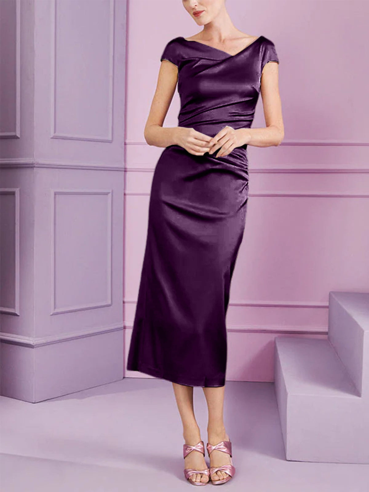 Short Sleeve Tea Length Cowl Neck Sheath Dress with Ruffles for the Mother of the Bride