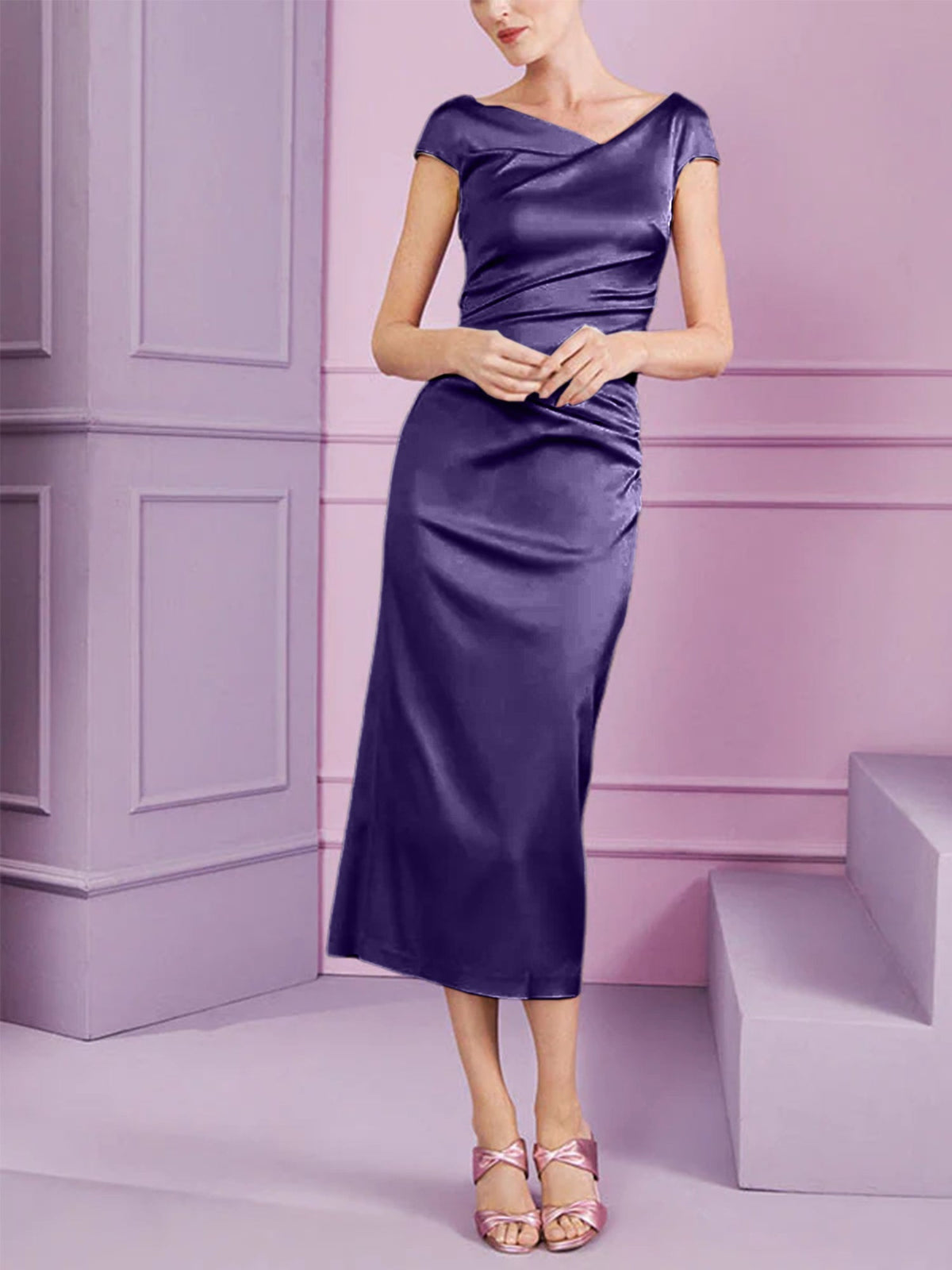 Short Sleeve Tea Length Cowl Neck Sheath Dress with Ruffles for the Mother of the Bride