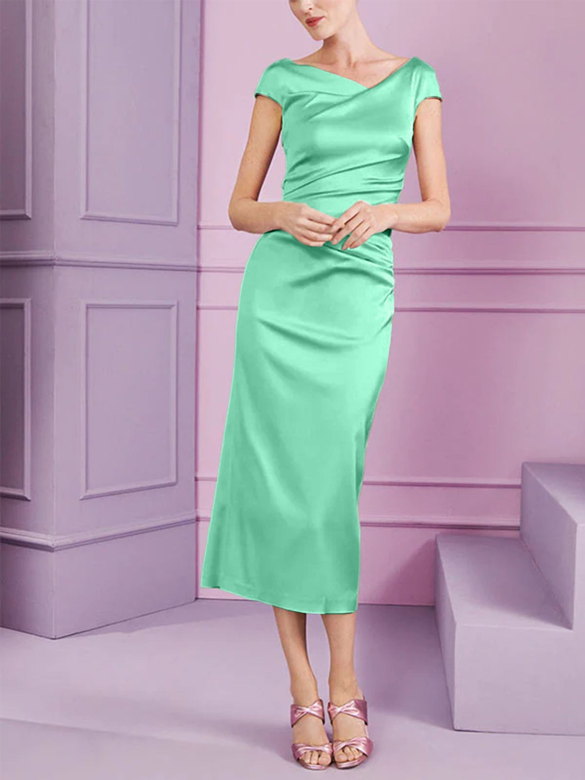 Short Sleeve Tea Length Cowl Neck Sheath Dress with Ruffles for the Mother of the Bride