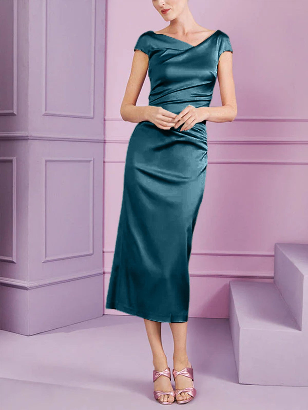 Short Sleeve Tea Length Cowl Neck Sheath Dress with Ruffles for the Mother of the Bride