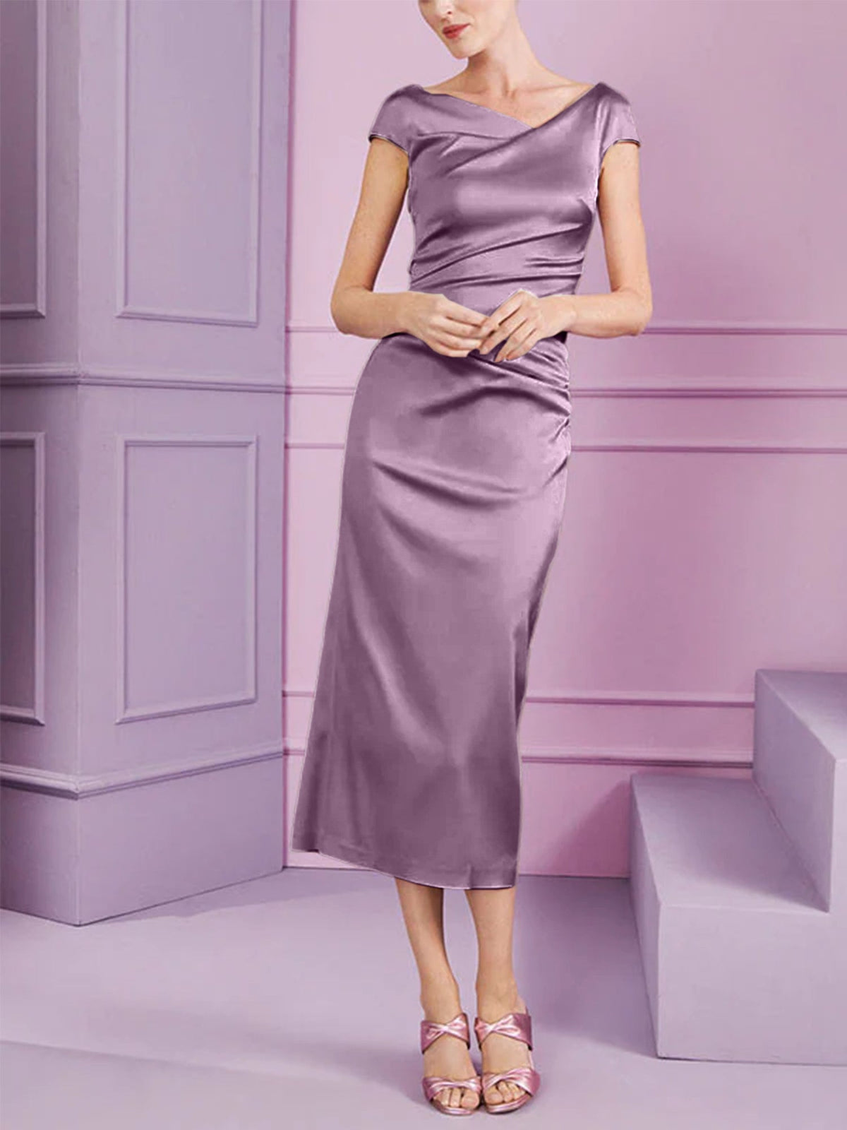 Short Sleeve Tea Length Cowl Neck Sheath Dress with Ruffles for the Mother of the Bride