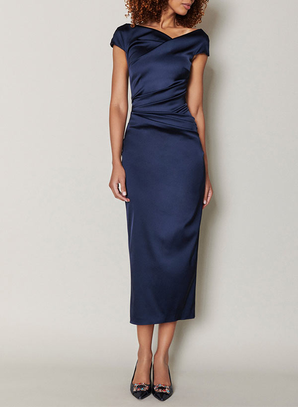Short Sleeve Tea Length Cowl Neck Sheath Dress with Ruffles for the Mother of the Bride
