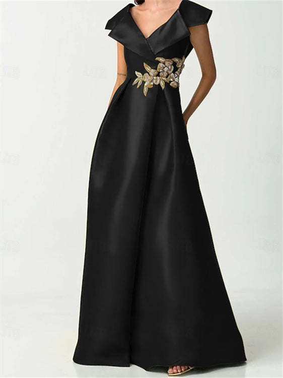 Short Sleeve V Neck Satin A Line Dress with Rhinestones for the Mother of the Bride