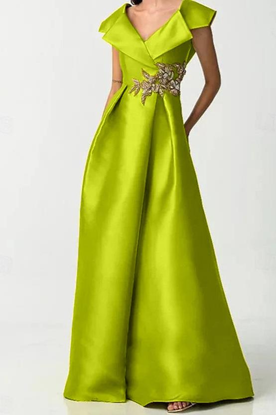 Short Sleeve V Neck Satin A Line Dress with Rhinestones for the Mother of the Bride