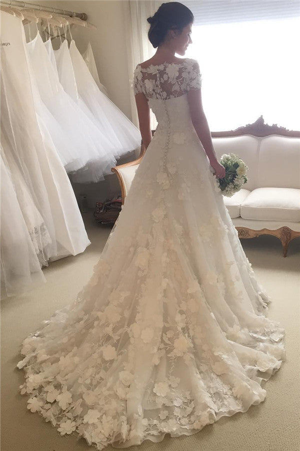 Short Sleeves A-line Flowers Wedding Dresses  Appliques Princess Bride Dress