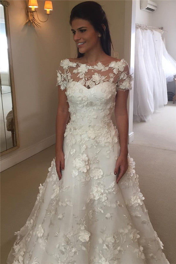 Short Sleeves A-line Flowers Wedding Dresses  Appliques Princess Bride Dress