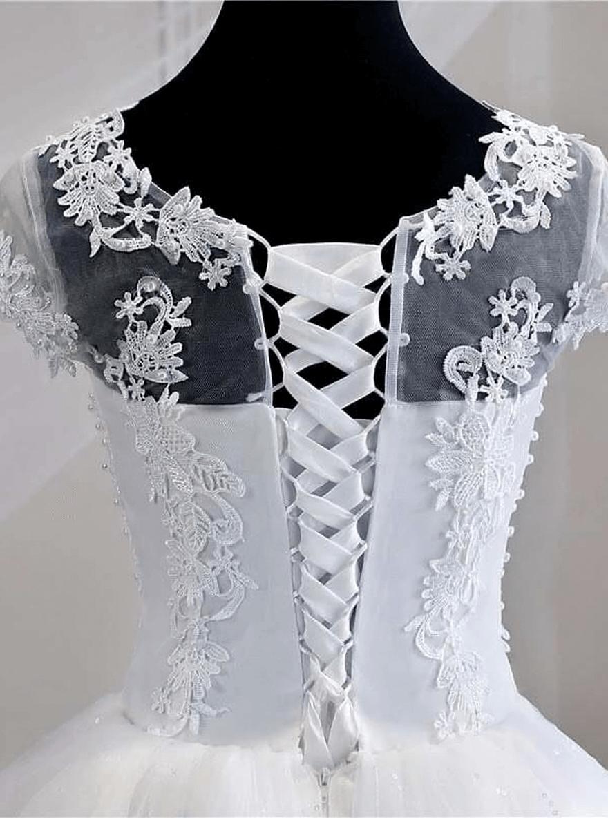 Short Sleeves Sweetheart Tulle White Lace Appliques Ball Gown Wedding Dresses