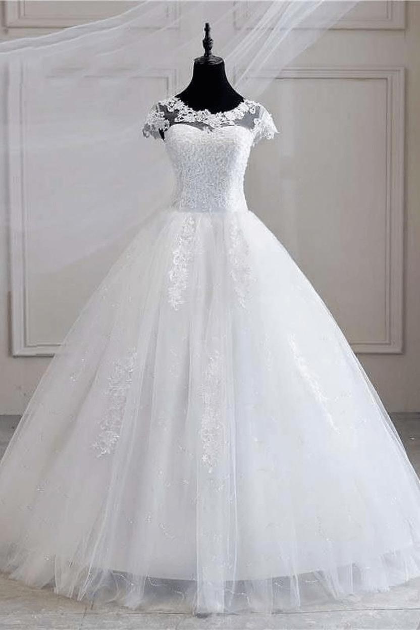Short Sleeves Sweetheart Tulle White Lace Appliques Ball Gown Wedding Dresses
