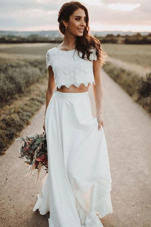 Short Sleeves Two-Piece Wedding Dresses with Lace Separates (ZD16202) - VelvetHem