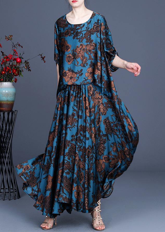 Silk Floral Irregular Dress Blue Half Sleeve