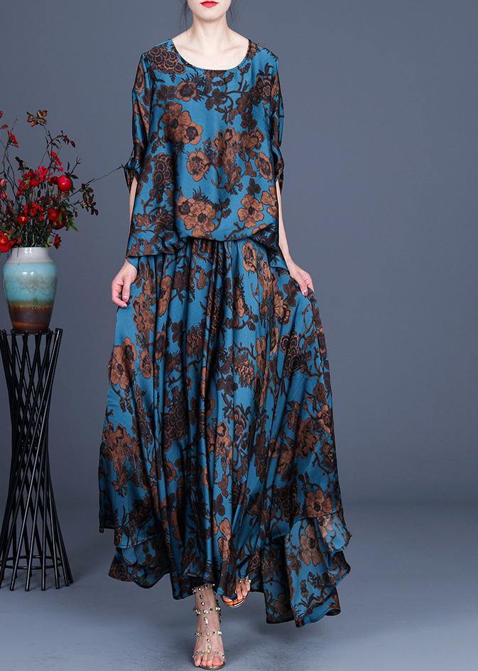 Silk Floral Irregular Dress Blue Half Sleeve