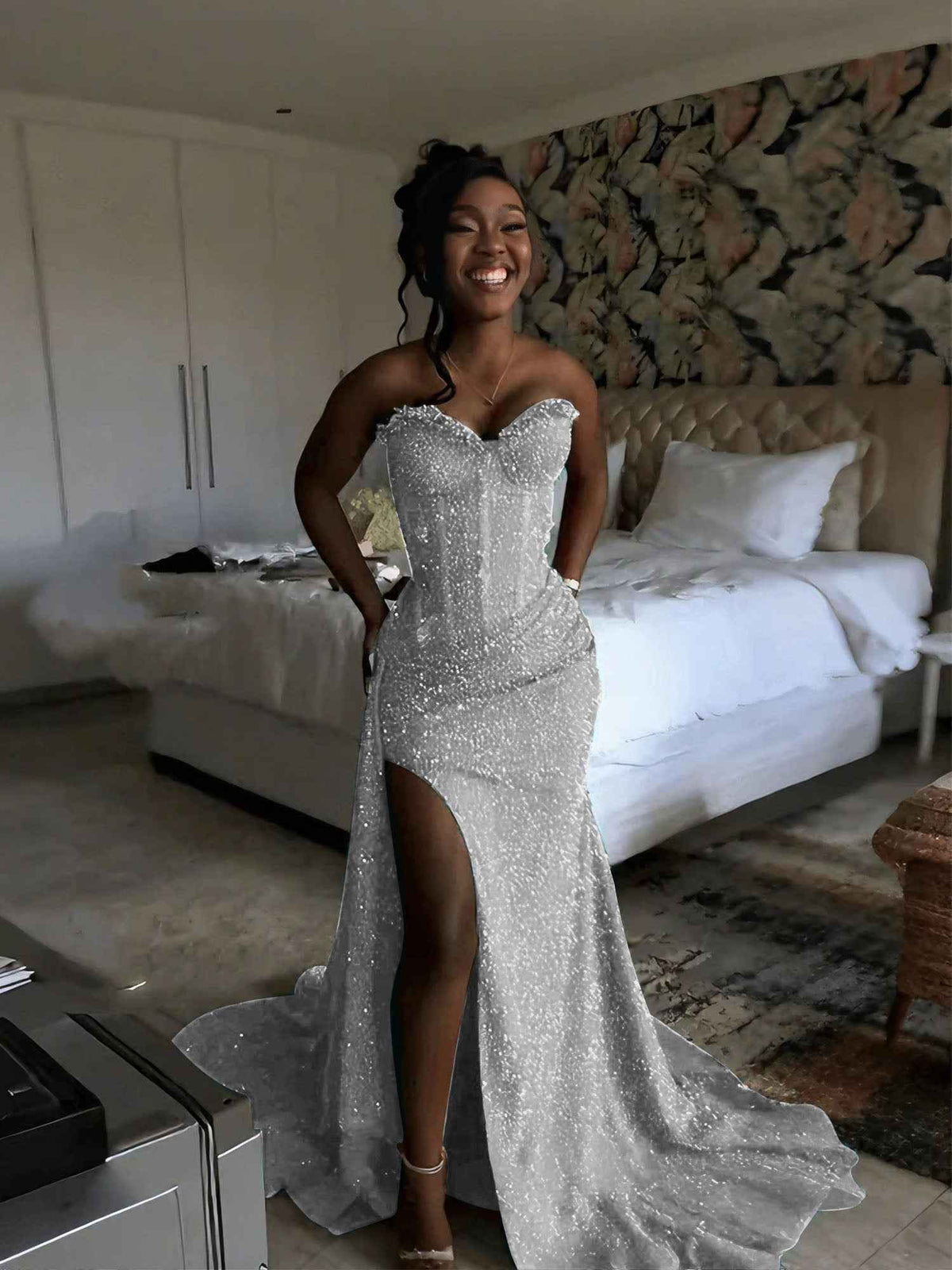 Glitter Strapless Mermaid Sequined Long Prom Dress with Slit (ZD17399)