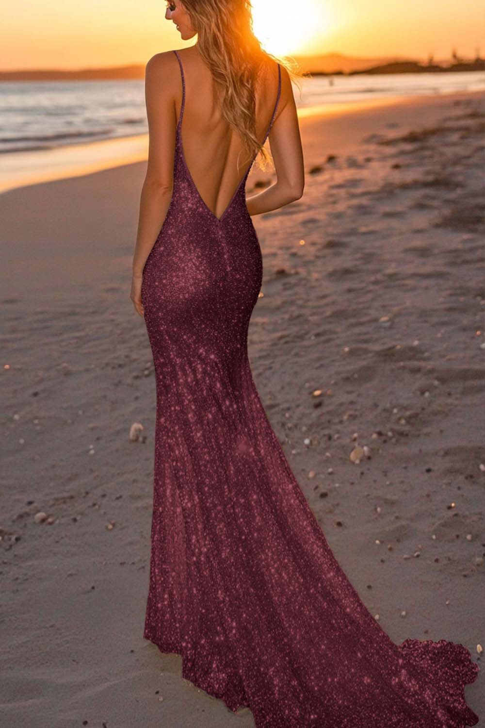 Suzhoufashion Silver Glitter Mermaid Backless Long Prom Dress With Deep V Neck Formal Evening Gown