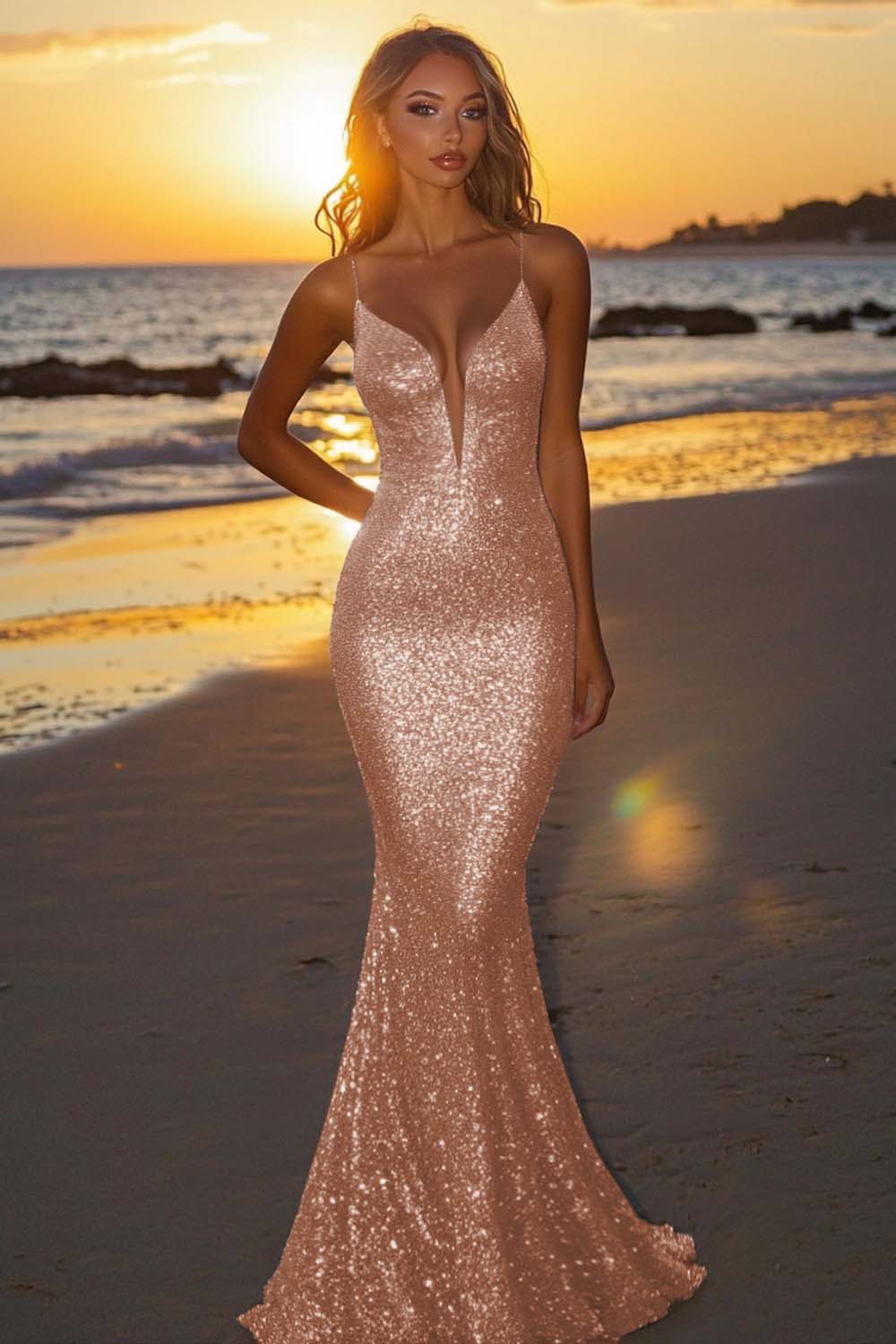 Suzhoufashion Silver Glitter Mermaid Backless Long Prom Dress With Deep V Neck Formal Evening Gown